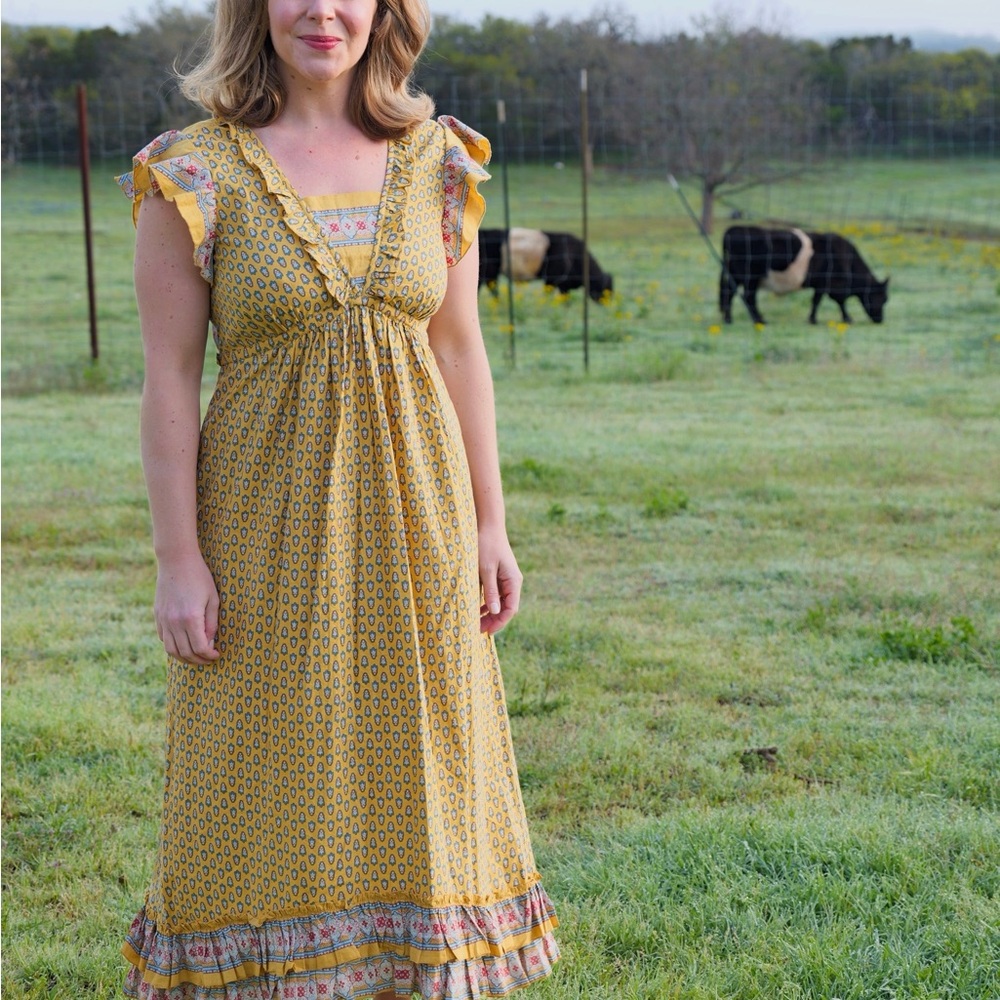 April Cornell Yellow Ruffled Ruched Midi Sundress - Picture 3 of 5